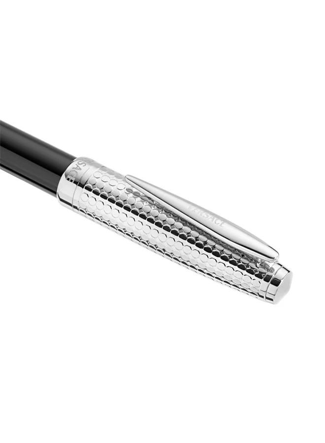 VERSACE Helius Silver Dotted Stainless Steel  Black Resin Roller Pen with Blue Ink for Men