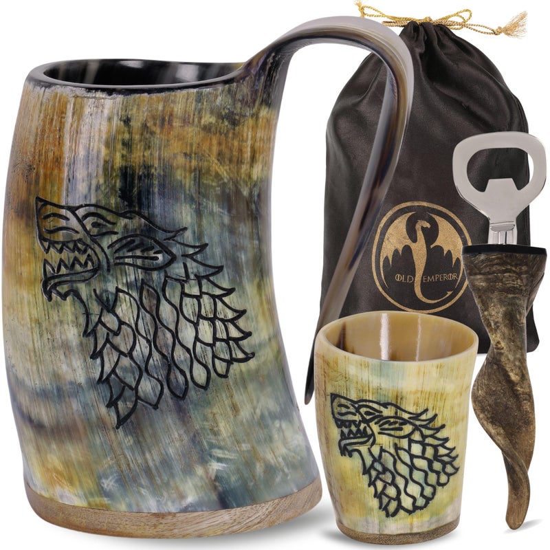 OLDEMPEROR Viking Drinking Horn Mug 1620oz Shot Glass and Bottle Opener Unique Handmade Viking Spacial Gifts for Men  Women  Food Grade Medieval Style Fenrir