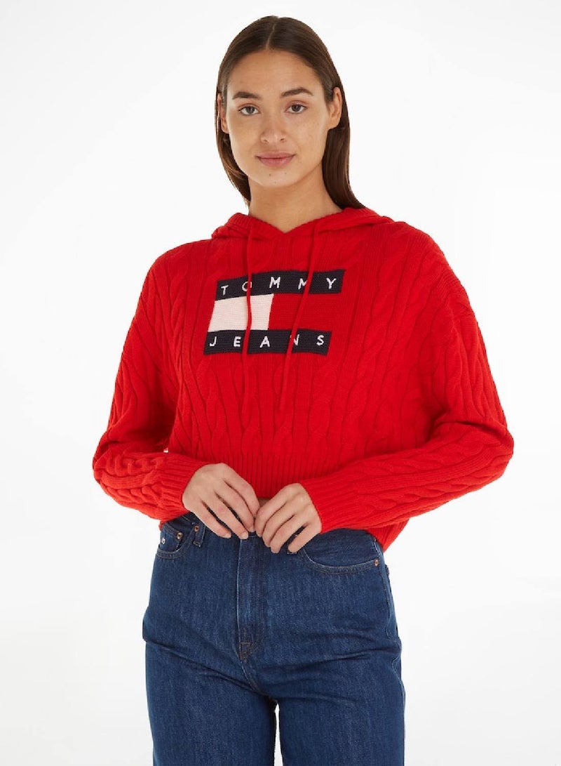 TOMMY JEANS Cropped Cable Knit Flag Badge Hoodie  - Image 1
