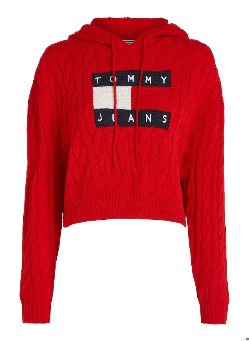 TOMMY JEANS Women's Cropped Cable Knit Flag Badge Hoody Sweater, Red