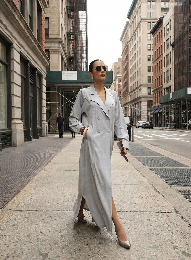 آي شين Grey Lapel Collar Workwear Abaya