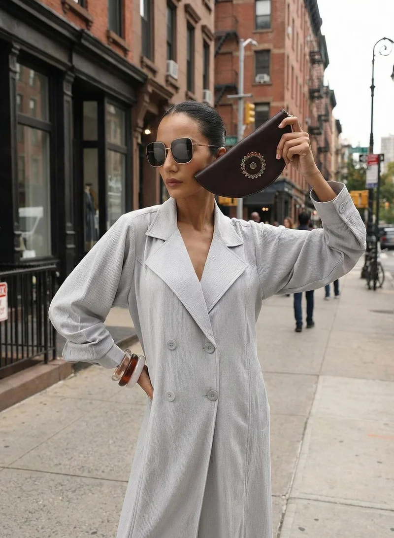 آي شين Grey Lapel Collar Workwear Abaya