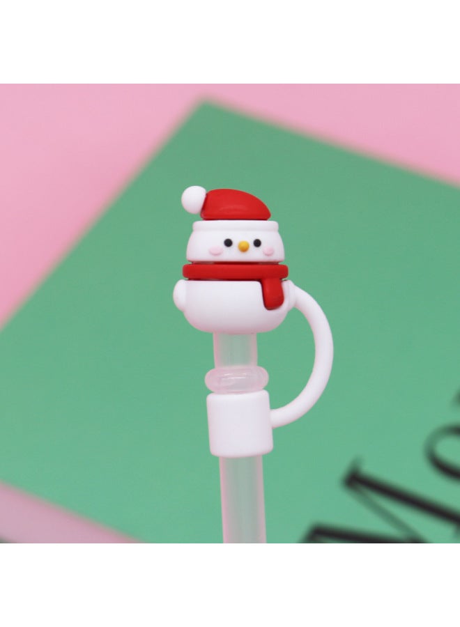 Straw Cap Soft Glue 8-10mm Straw Sleeve Cute Cartoon Party Straw Decorative Cap Dust Cover Cross Border-Color:Red Scarf Snowman 8mm-Specifications:Bag Contains Straw - Image 1