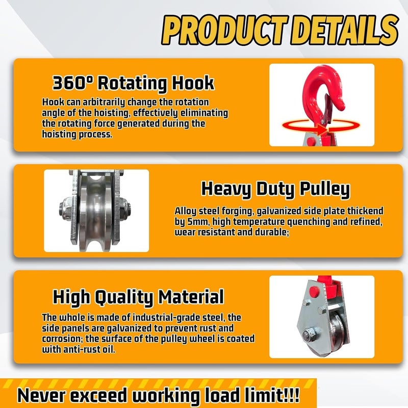 SENKEYFE 3 Ton Heavy Duty Block Pulley with 360° Swivel Hook for Towing and Lifting Operations - Image 3