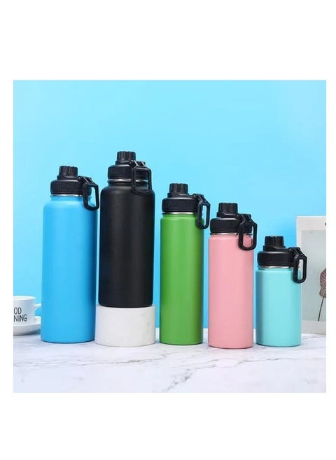 Stainless steel thermos bottle with a filter for filtering tea and herbs, with a strong, easy-to-carry handle, available in light blue IR