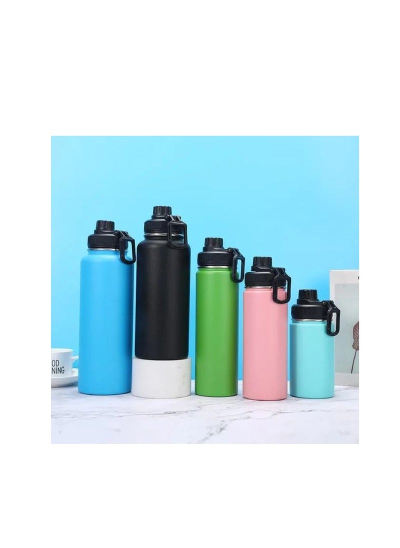 Stainless steel thermos bottle with a filter for filtering tea and herbs, with a strong, easy-to-carry handle, available in light blue IR