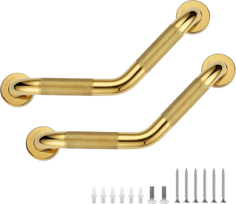 JOY DECOR Grab Bars for Bathtubs and Showers- 1-1/4 x 16 Angled Shower Grab Bar for Seniors Knurled Stainless Steel Handicap Grab Bars for Wall (Gold, 2 Pack) Hot & cold climate compatible - Image 1