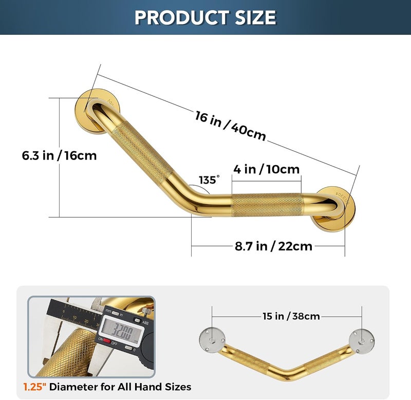 JOY DECOR Grab Bars for Bathtubs and Showers- 1-1/4 x 16 Angled Shower Grab Bar for Seniors Knurled Stainless Steel Handicap Grab Bars for Wall (Gold, 2 Pack) Hot & cold climate compatible - Image 2