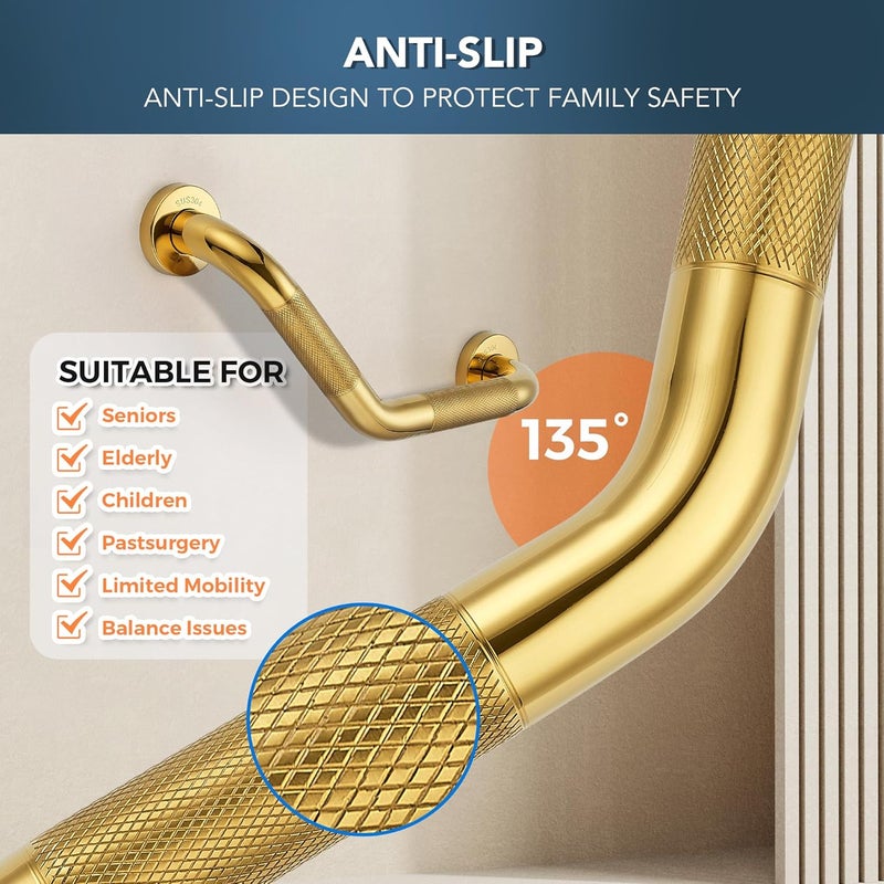 JOY DECOR Grab Bars for Bathtubs and Showers- 1-1/4 x 16 Angled Shower Grab Bar for Seniors Knurled Stainless Steel Handicap Grab Bars for Wall (Gold, 2 Pack) Hot & cold climate compatible - Image 5