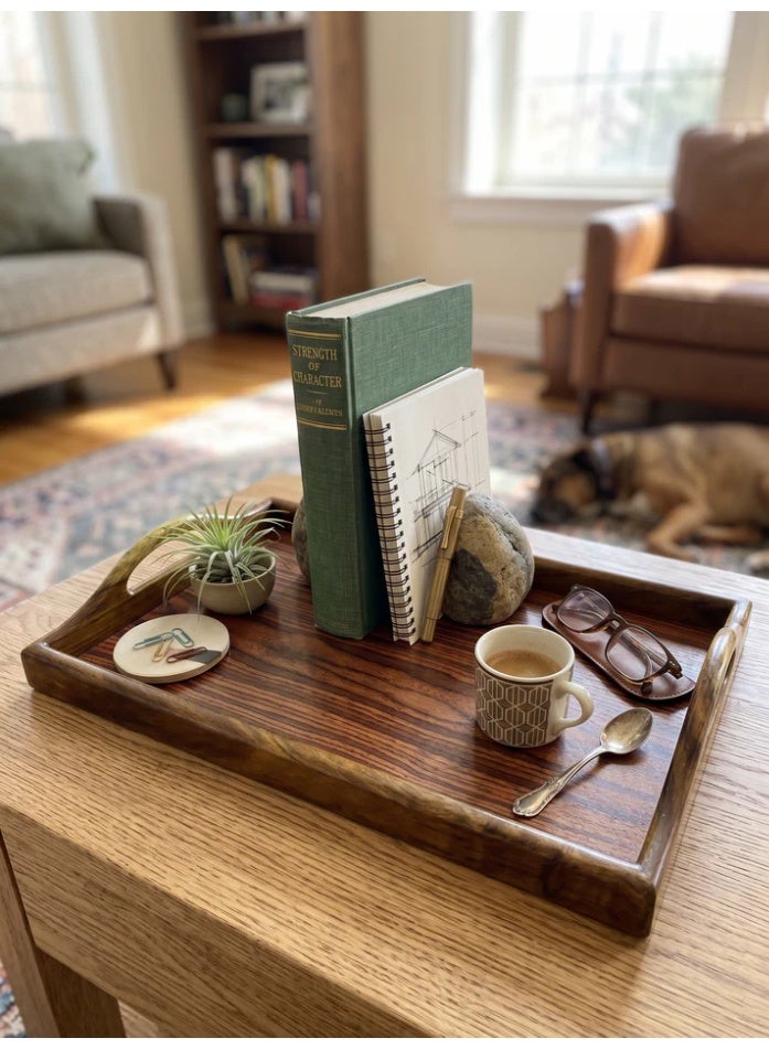 HomePro Noble 50x30 cm Premium Dual-Tone Wood Serving Tray / Large Handcrafted Rectangular Ottoman Tray with Integrated Handles, Timeless Decor - Image 3
