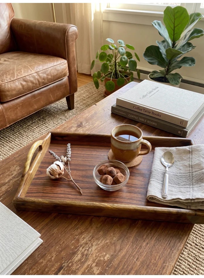 HomePro Noble 50x30 cm Premium Dual-Tone Wood Serving Tray / Large Handcrafted Rectangular Ottoman Tray with Integrated Handles, Timeless Decor - Image 2