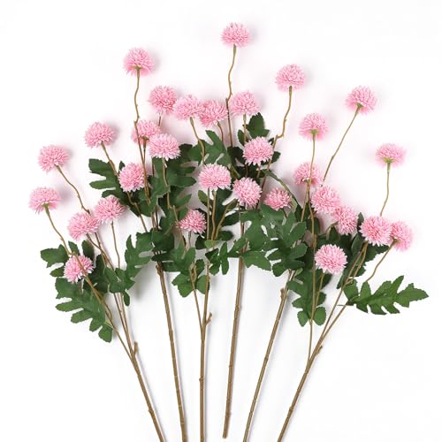 mizii 6Pcs Pink Fake Silk Pompon Mum Artificial Flowers Bulk Small Faux Chrysanthemums with Stems Realistic Floral Decorations for Wedding DIY Bouquet Centerpieces Shower Vase Home Decor (Pink) - Image 1