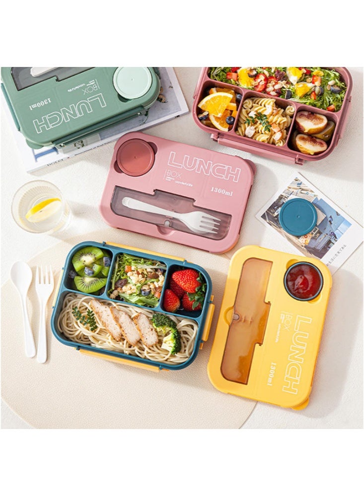 Lunch Box, 4-Compartment Bento Lunch Box, with Utensils  Sauce Cup, 1300ML Leakproof Food Container, Microwave  Dishwasher Safe, Ideal for Office, School, Picnic (Yellow) - Image 2