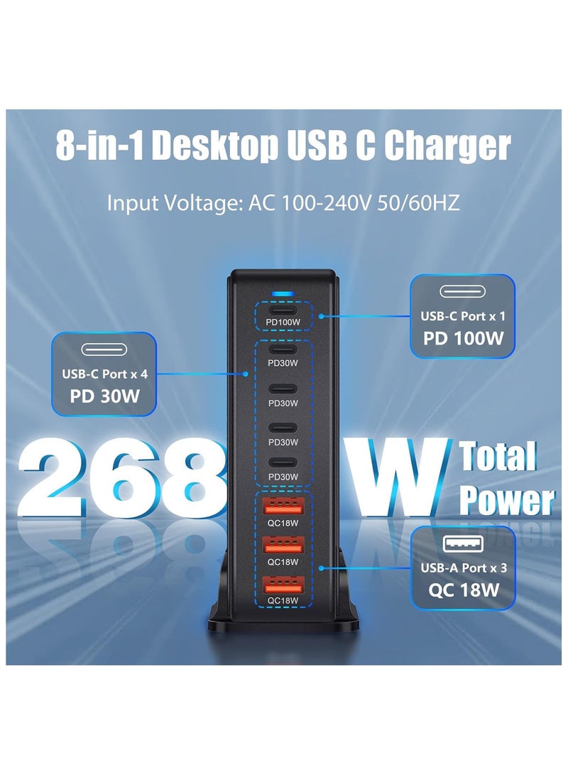 شاحن USB C بقوة 268 وات، ومحطة شحن سريعة GaN III 8 منافذ من النوع C، ومحول شاحن كمبيوتر محمول PD 100 وات لجهاز MacBook Air، وSumsung S24 S23 S22 Ultra، وiPhone 15 14 13، وiPad Pro - Image 2