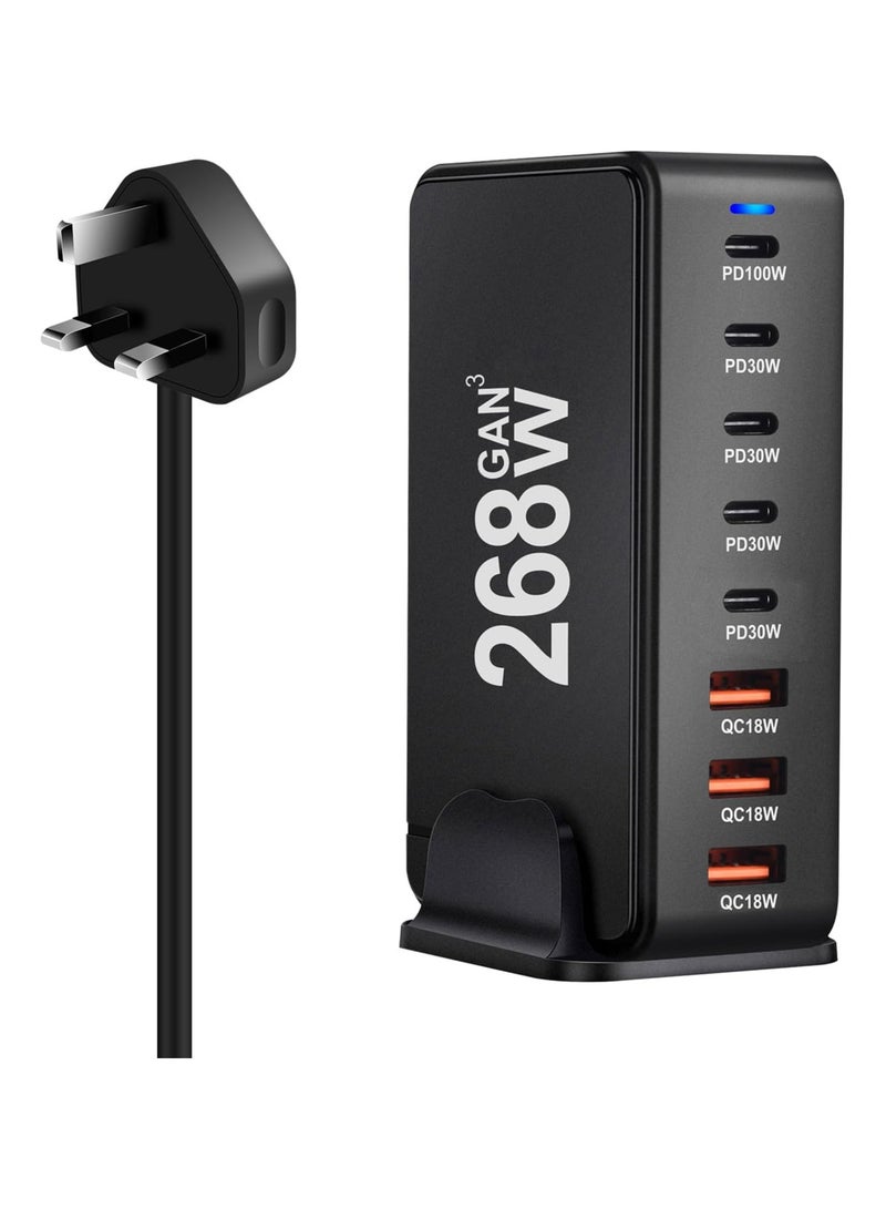 شاحن USB C بقوة 268 وات، ومحطة شحن سريعة GaN III 8 منافذ من النوع C، ومحول شاحن كمبيوتر محمول PD 100 وات لجهاز MacBook Air، وSumsung S24 S23 S22 Ultra، وiPhone 15 14 13، وiPad Pro - Image 1
