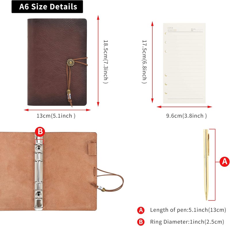WONDERPOOL Leather Journal A6 Refillable 6 Ring Binder Notebook with Lined Paper and Pen,Writing Diary for Work Travel and Agenda Plan (A6, Wine red) - Image 5
