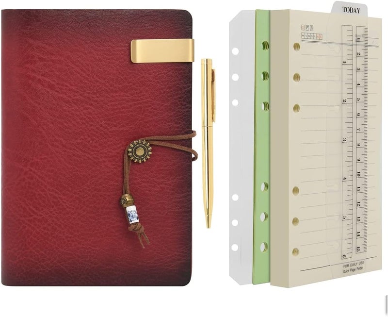 WONDERPOOL Leather Journal A6 Refillable 6 Ring Binder Notebook with Lined Paper and Pen,Writing Diary for Work Travel and Agenda Plan (A6, Wine red) - Image 1