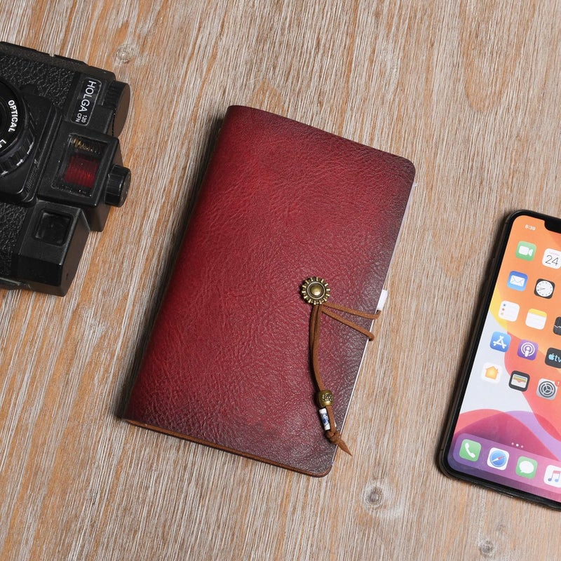 WONDERPOOL Leather Journal A6 Refillable 6 Ring Binder Notebook with Lined Paper and Pen,Writing Diary for Work Travel and Agenda Plan (A6, Wine red) - Image 2