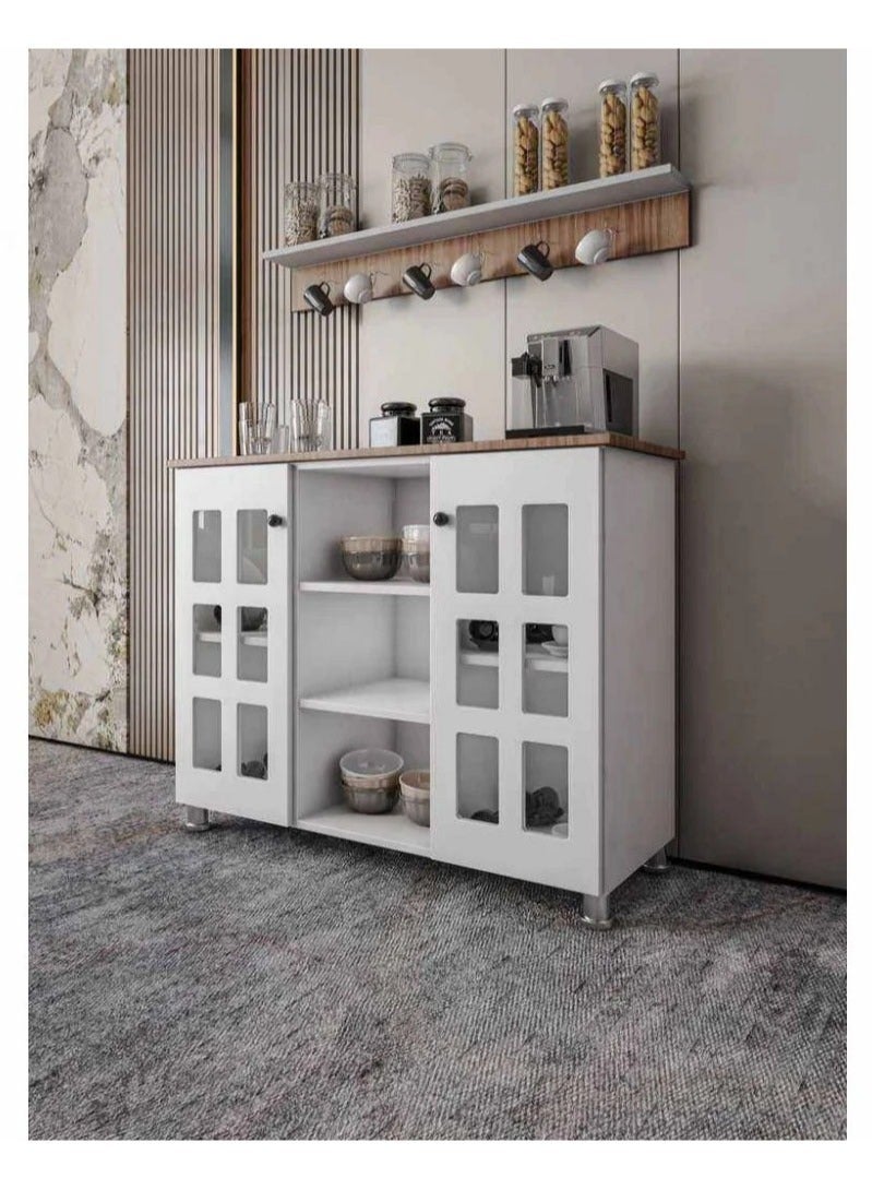 AGD Multipurpose Coffee Corner Cabinet, Kitchen Bakers, with Wooden Spice Rack and Cup Hanging, Perfect for Living Room, Kitchen, Office, White - Image 4