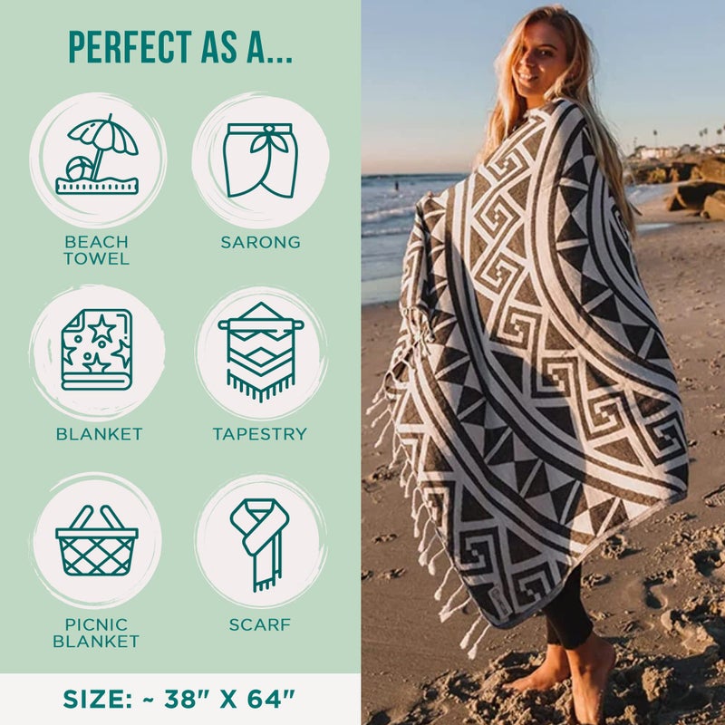 Sand Cloud Turkish Beach Towel - Sand Free - 100% Organic Turkish Cotton Yarn - Quick Dry Towel for Beach, Picnic Blanket or Throw - As Seen on Shark Tank - Mandala (Dark Grey) - Image 3