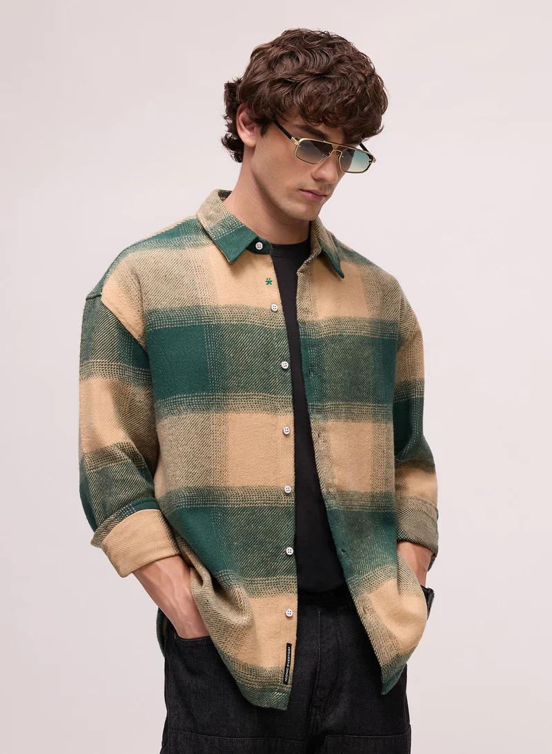 CAHOOT Men's Green Checkered Regular Shirt For Casual Wear | Collared Neck | Long Sleeve | Button Closure | Cotton Shirt Crafted With Comfort Fit For Everyday Wear