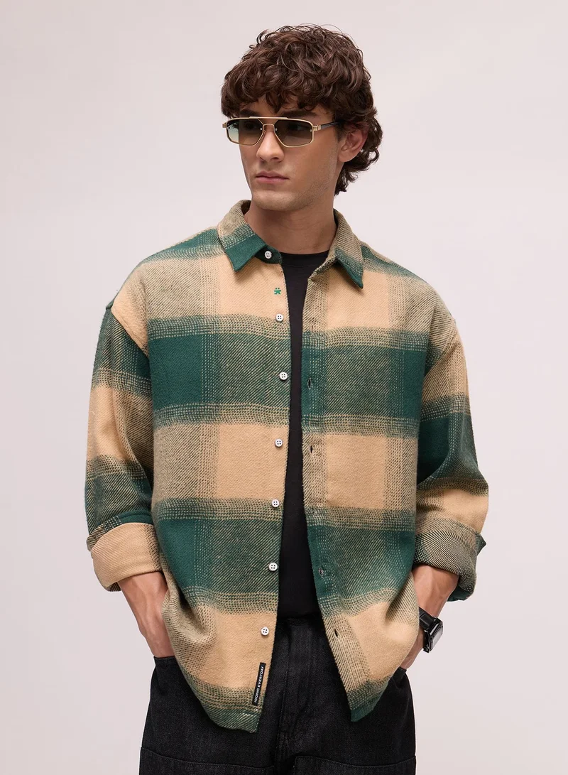 CAHOOT Men's Green Checkered Regular Shirt For Casual Wear | Collared Neck | Long Sleeve | Button Closure | Cotton Shirt Crafted With Comfort Fit For Everyday Wear