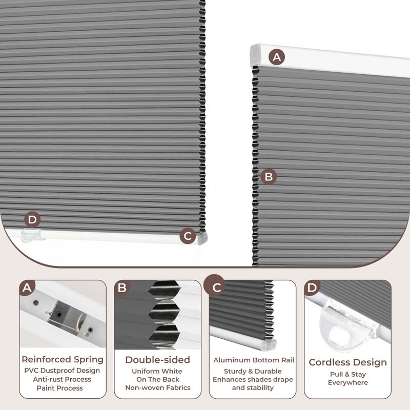 Allesin Cellular Shades Cordless Blackout Honeycomb Blinds for Indoor Windows, Thermal Insulated Window Shades Noise Reduction, Easy to Install, Perfect for Bedroom/Living Room, Grey 34" W x 36" H - Image 3
