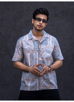 Maniac Mens All Over Printed Collar Neck 3/4th Sleeve Light Grey Cotton Oversized Shirt  - Image 2