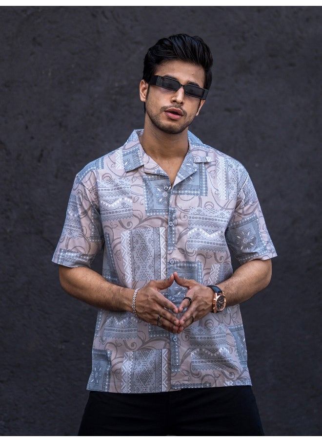 Maniac Mens All Over Printed Collar Neck 3/4th Sleeve Light Grey Cotton Oversized Shirt  - Image 2