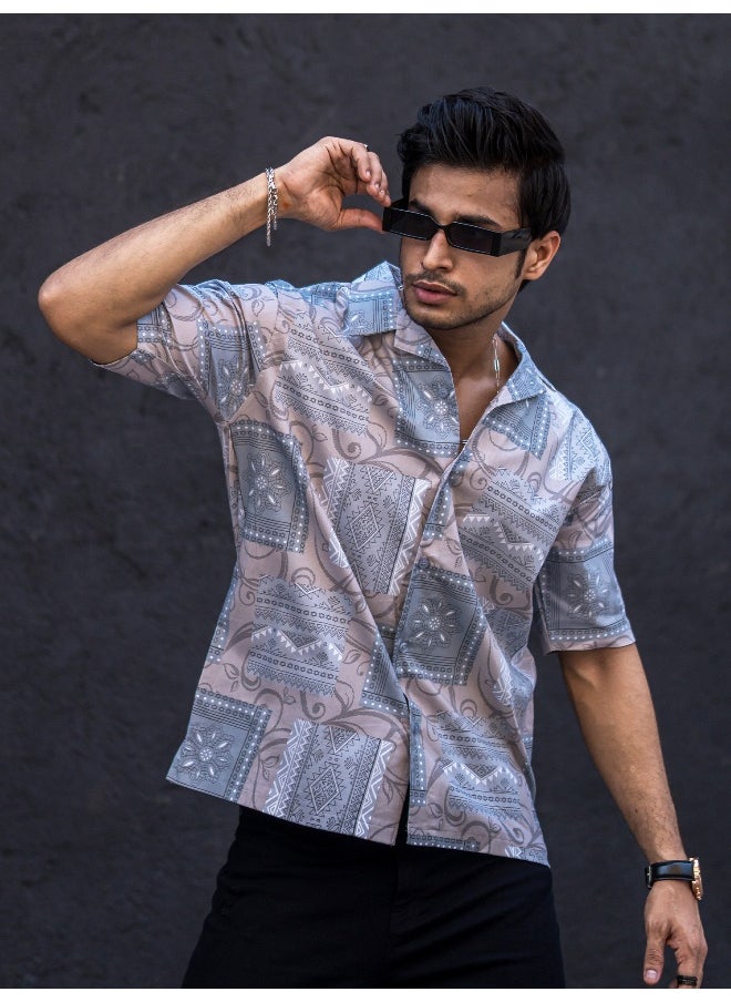 Maniac Mens All Over Printed Collar Neck 3/4th Sleeve Light Grey Cotton Oversized Shirt  - Image 3