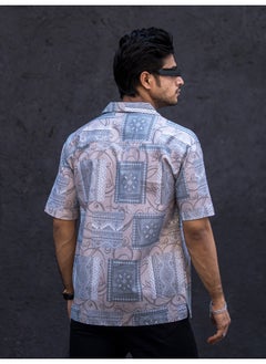 Maniac Mens All Over Printed Collar Neck 3/4th Sleeve Light Grey Cotton Oversized Shirt  - Image 4