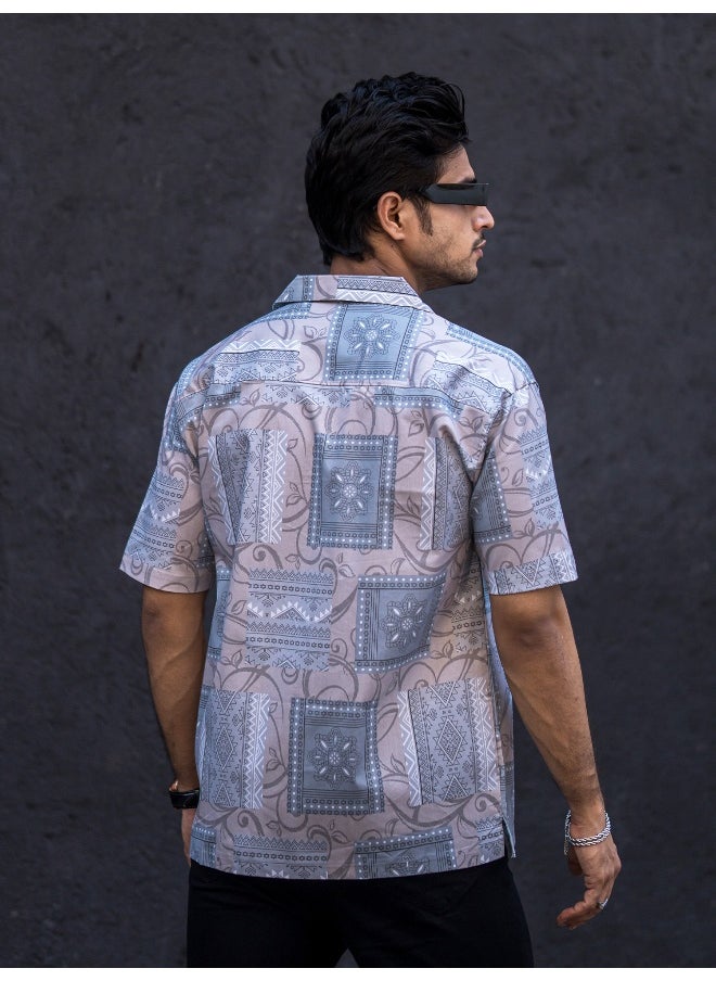 Maniac Mens All Over Printed Collar Neck 3/4th Sleeve Light Grey Cotton Oversized Shirt  - Image 4