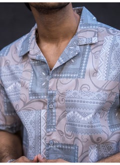 Maniac Mens All Over Printed Collar Neck 3/4th Sleeve Light Grey Cotton Oversized Shirt  - Image 5