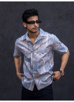 Maniac Mens All Over Printed Collar Neck 3/4th Sleeve Light Grey Cotton Oversized Shirt  - Image 1