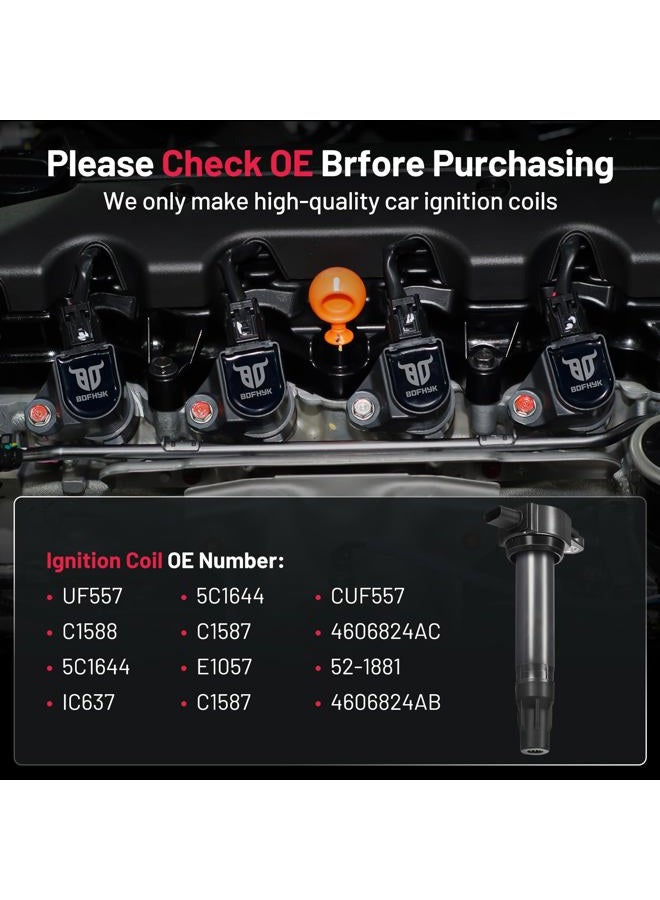 BDFHYK Ignition Coil Pack UF557 Set of 4 Compatible with Chrysler 200 Sebring Dodge Avenger Caliber Journey Jeep Compass Patriot 1.8L 2.0L 2.4L L4 Replacement for IC637 IC637SB 921-2108 - Image 5