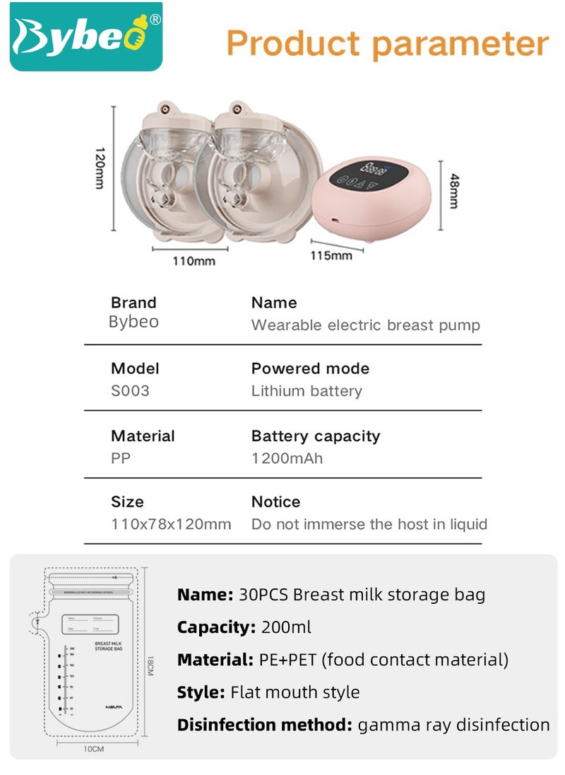 Bybeo - Electric Wearable Hands-Free Breast Pump with 30 PCS Breastmilk Storage Bags, Low Noise & Painless, LCD Display, 3 Modes & 9 Levels - Image 1