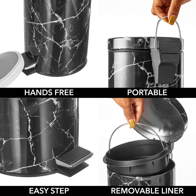 mDesign Extra Small Modern 3-Liter/.7 Gallon Round Metal Lidded Step Trash Can, Compact Garbage Bin with Removable Liner Bucket and Handle for Bathroom, Kitchen, Office, Garage - Black Marble Print - Image 5