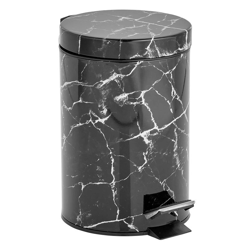 mDesign Extra Small Modern 3-Liter/.7 Gallon Round Metal Lidded Step Trash Can, Compact Garbage Bin with Removable Liner Bucket and Handle for Bathroom, Kitchen, Office, Garage - Black Marble Print - Image 1