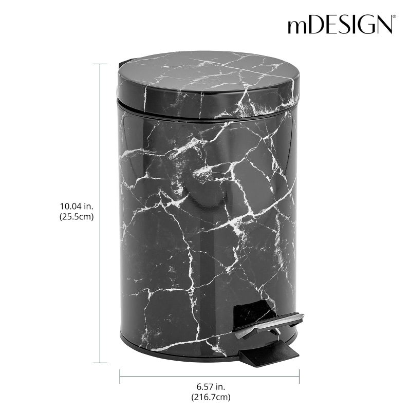 mDesign Extra Small Modern 3-Liter/.7 Gallon Round Metal Lidded Step Trash Can, Compact Garbage Bin with Removable Liner Bucket and Handle for Bathroom, Kitchen, Office, Garage - Black Marble Print - Image 3