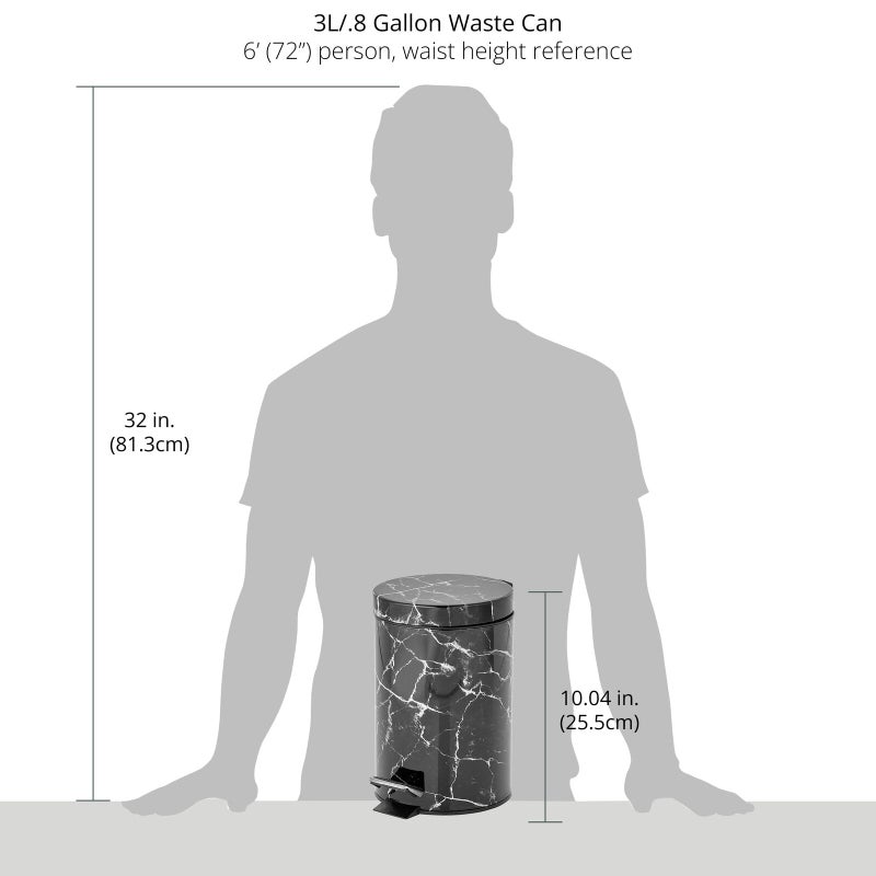 mDesign Extra Small Modern 3-Liter/.7 Gallon Round Metal Lidded Step Trash Can, Compact Garbage Bin with Removable Liner Bucket and Handle for Bathroom, Kitchen, Office, Garage - Black Marble Print - Image 4