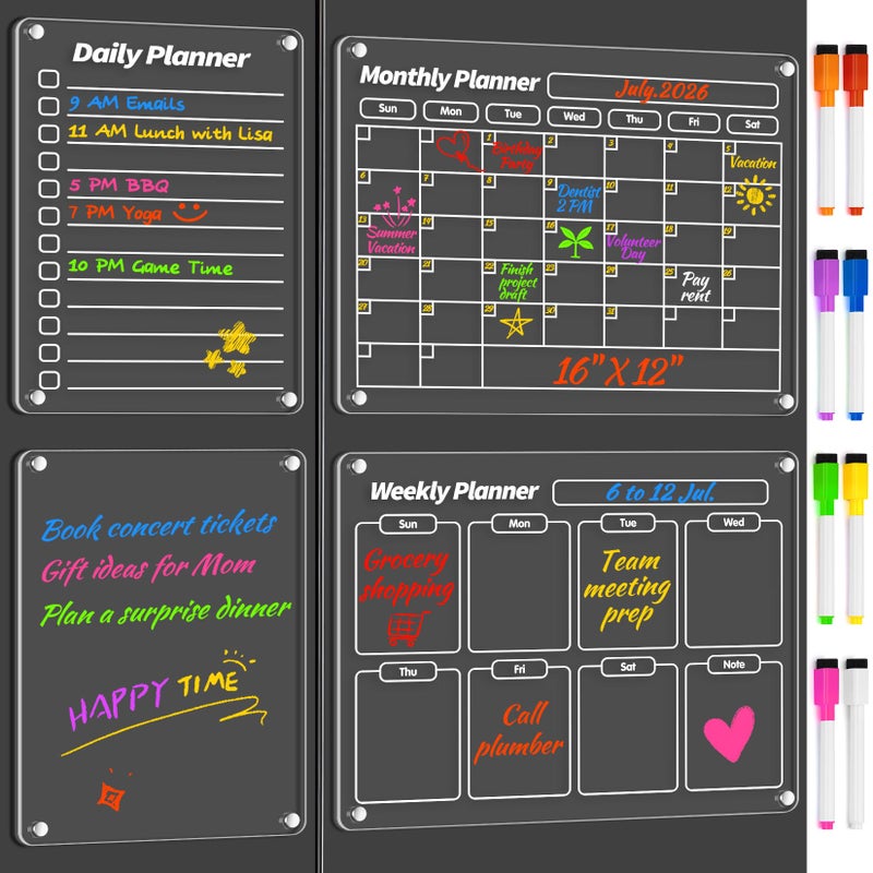 FINDMAG 4 Pack Acrylic Calendar for Fridge, 2026 Magnetic Calendar for Refrigerator, 16"x12" Dry Erase Whiteboard Planning Board Monthly Weekly Wall Fridge Calendar Board Menu Planner with 8 Markers - Image 1