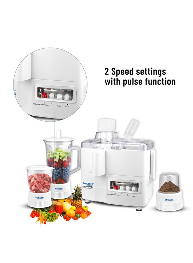 SONASHI 4 in 1 Juicer and Food Processor, Blender, Chopper & Grinder with 1.5L Jar Capacity | Unbreakable Jars | 2 Speed with PULSE Switch Control | Stainless Steel Grater and strainer with Detachable Parts for Easy Cleaning 600 W SJB-309 White - Image 3