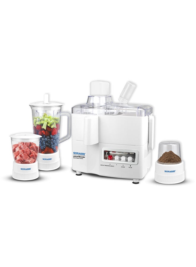 SONASHI 4 in 1 Juicer and Food Processor, Blender, Chopper & Grinder with 1.5L Jar Capacity | Unbreakable Jars | 2 Speed with PULSE Switch Control | Stainless Steel Grater and strainer with Detachable Parts for Easy Cleaning 600 W SJB-309 White - Image 1