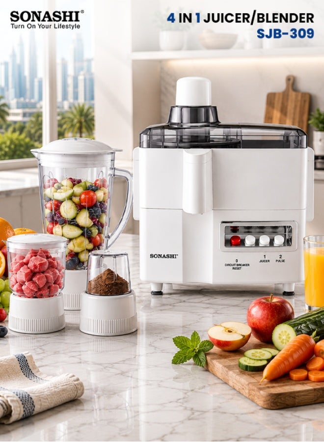 سوناشي خلاط/ عصارة 4 في 1 مع مطحنة وإبريق بتصميمٍ غير قابل للكسر 600 W SJB-309 أبيض - Image 1