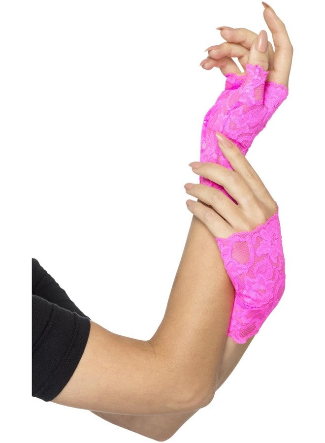 Smiffys 80s Fingerless Lace Gloves, Neon Pink Short, 1980's Fancy Dress, 1980s Dress Up Accessories - Image 1