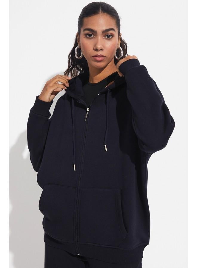 June Basic Front Zipper Hooded Thick Sweatshirt Navy - Image 4