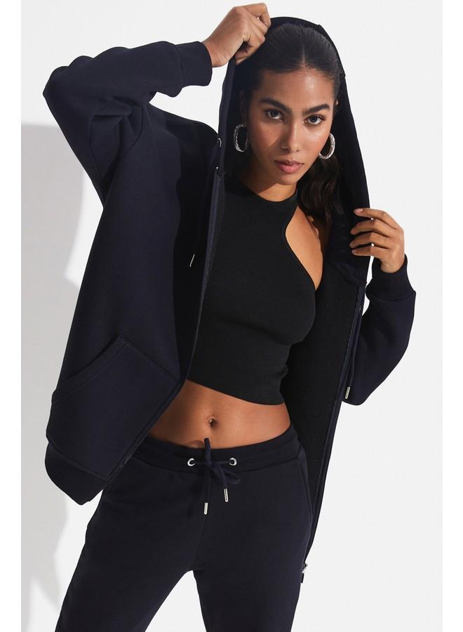 June Basic Front Zipper Hooded Thick Sweatshirt Navy - Image 2