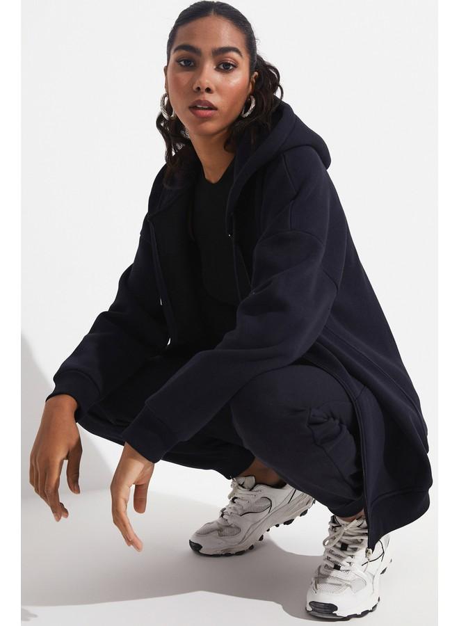 June Basic Front Zipper Hooded Thick Sweatshirt Navy - Image 3