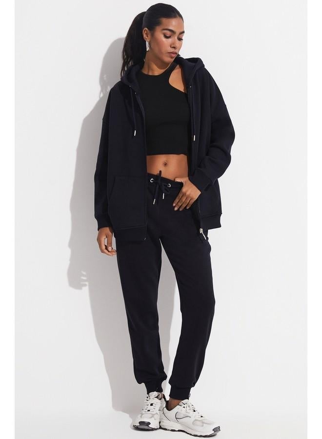 June Basic Front Zipper Hooded Thick Sweatshirt Navy - Image 1