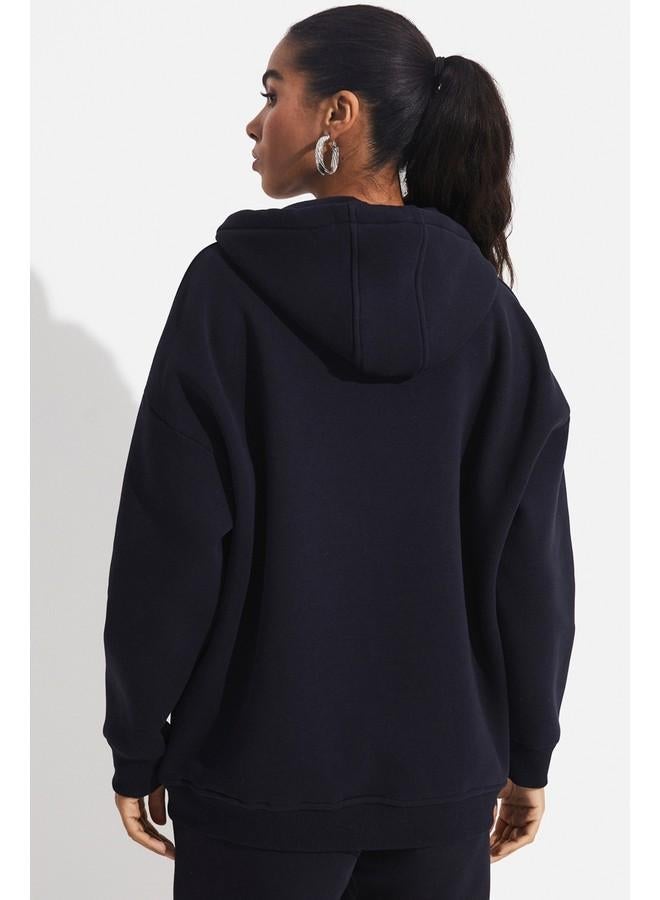June Basic Front Zipper Hooded Thick Sweatshirt Navy - Image 5